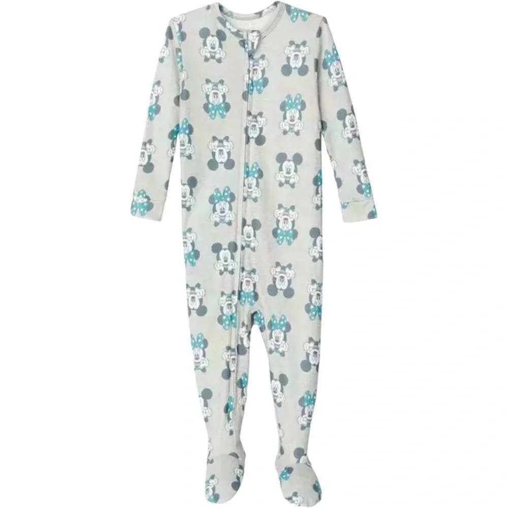 Disney Mickey Minnie‎ Mouse 2 Pack Footed Sleeper Pajamas White Gray 6M New!